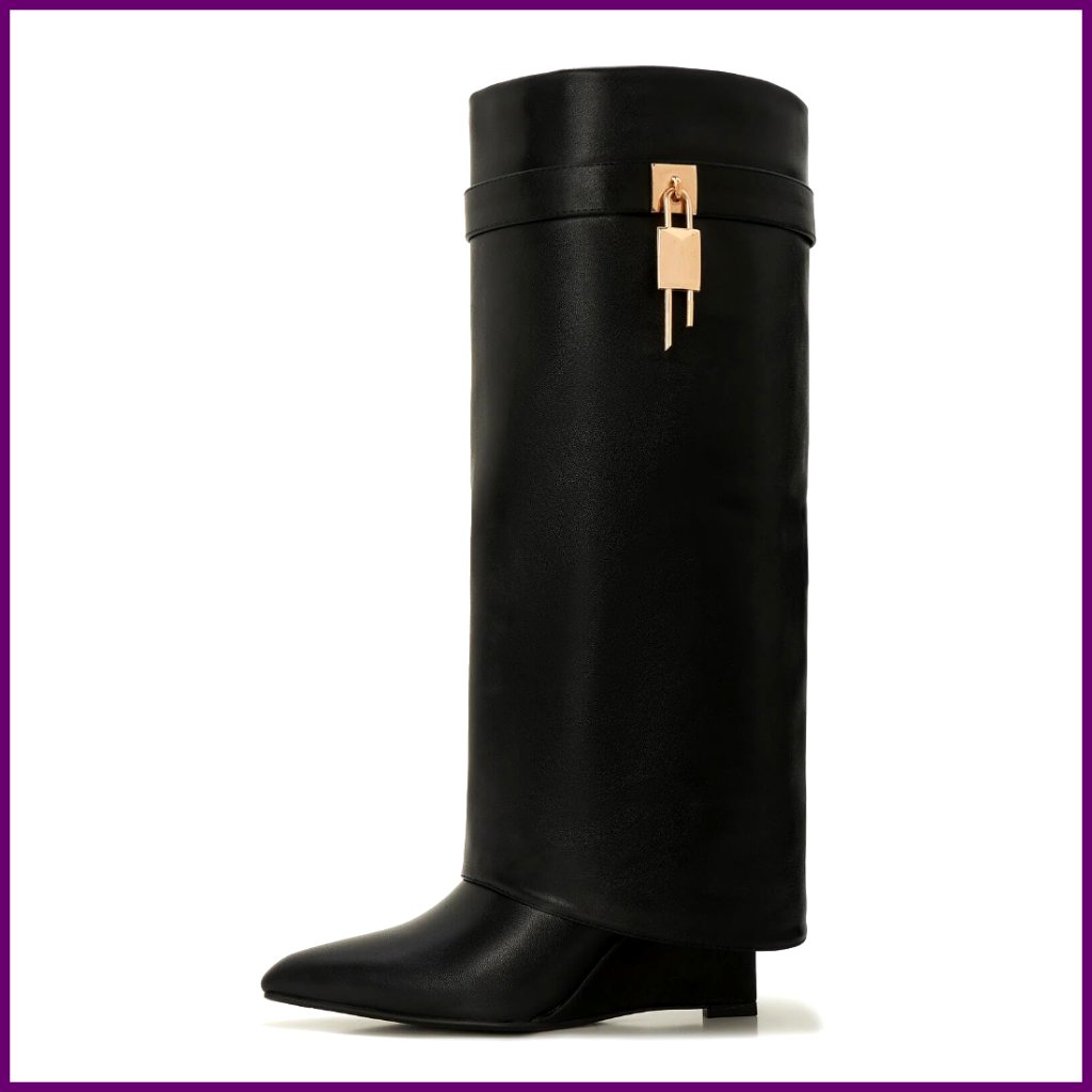 Wide Calf Shark Boots Fold Over Knee High Leather Side Zipper Buckle Wedge Heel